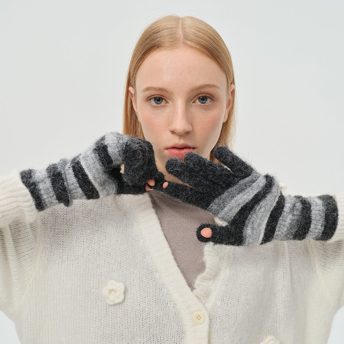 Flewera Women's Fingerless Knit Gloves – Striped, One Size