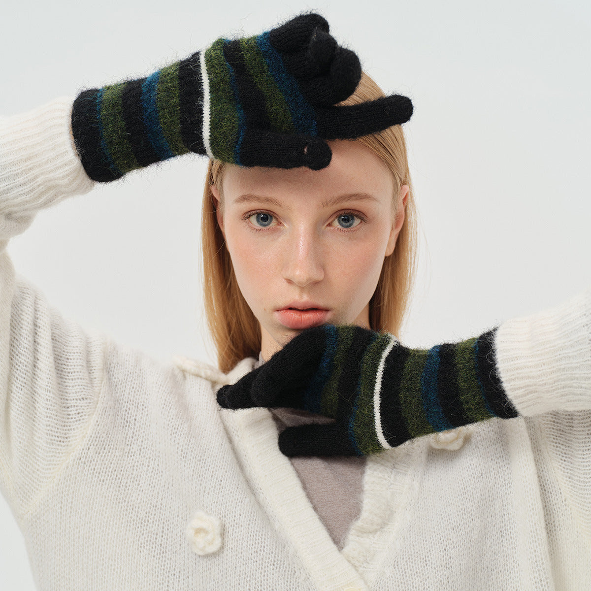 Flewera Women's Fingerless Knit Gloves – Striped, One Size