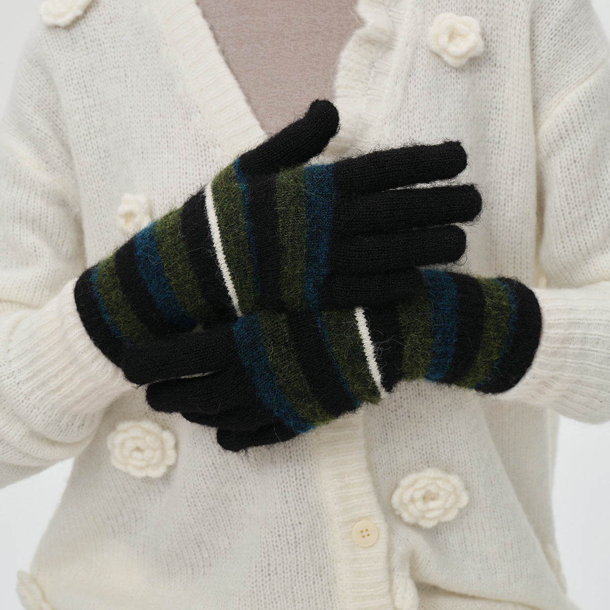 Flewera Women's Fingerless Knit Gloves – Striped, One Size